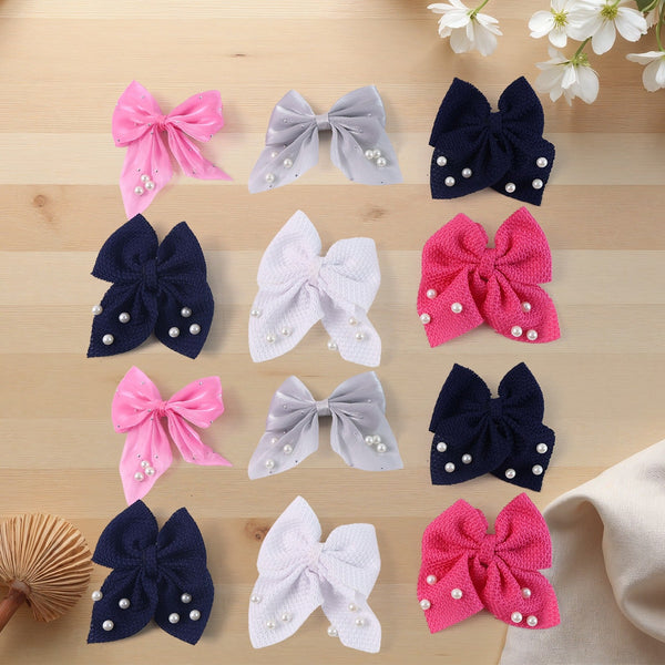 Hair Bow Knot Clip Suitable Girls (12 Pc / Multicolour & Mix Design)